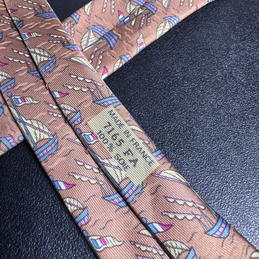 Hermes Necktie Mens OS Salmon Pink Sailboat Nautical Silk 7165 FA Made in France